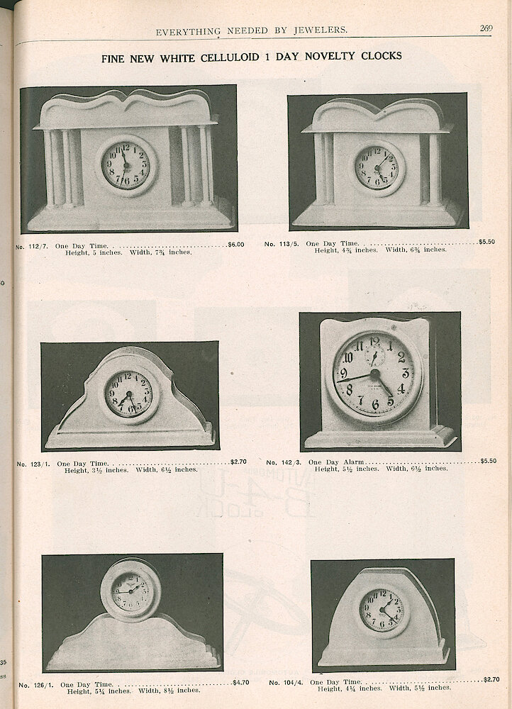 S. H. Clausin & Co. 1917 Catalog > 269. Fine New White Celluloid 1 Day Novelty Clocks. Five Time-only, One With Alarm. Priced From $2.70 To $6.00.