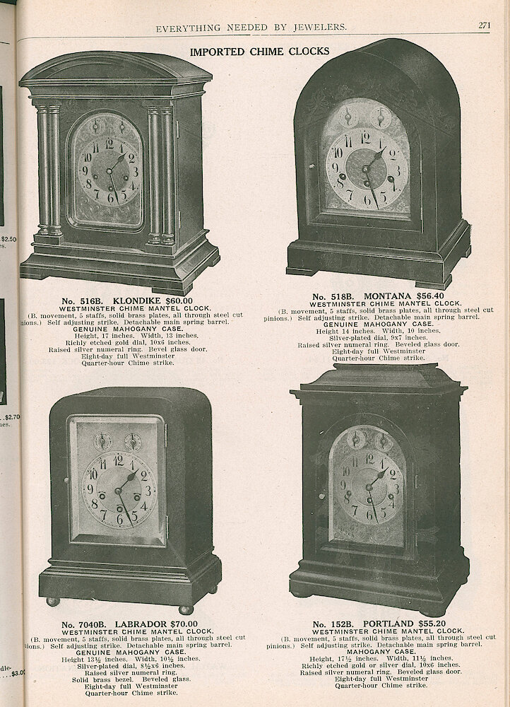 S. H. Clausin & Co. 1917 Catalog > 271. Imported Chime Clocks. Wood Mantel Cases, Fancy Dials With Separate Hands For Regulating And Chime/silent. Priced $55.20 To $70. Westminster Chime.