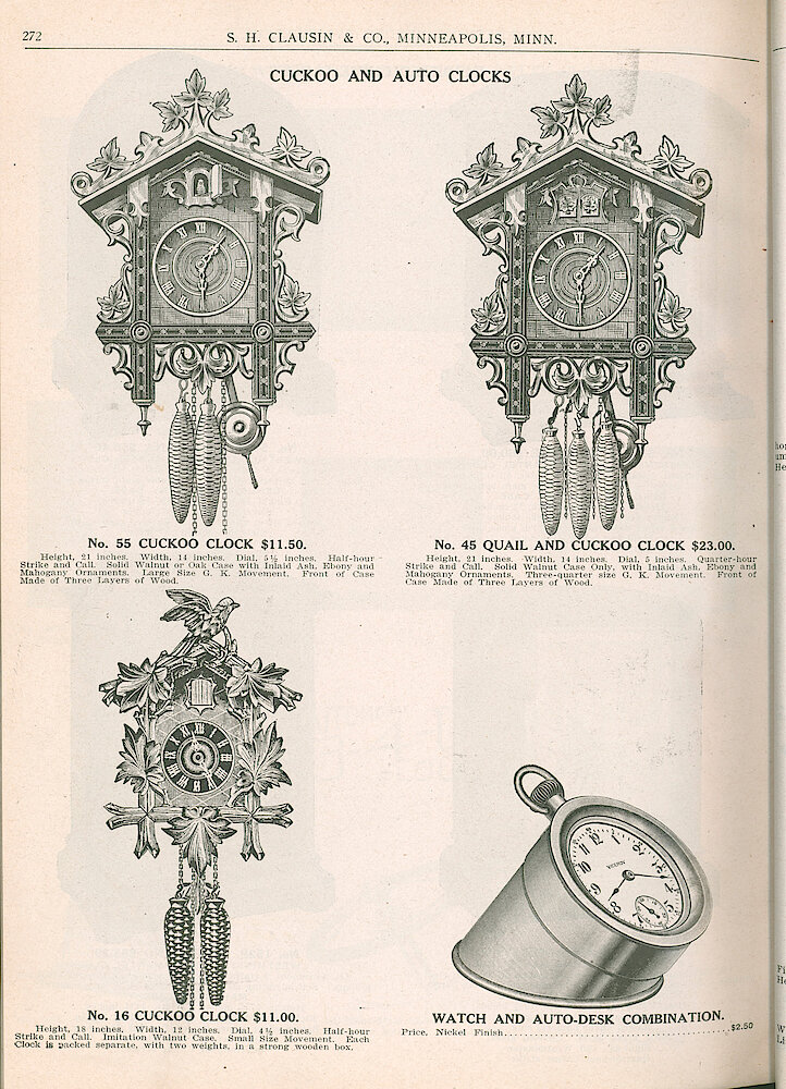 S. H. Clausin & Co. 1917 Catalog > 272. Cuckoo Clocks, Three Models. Watch And Auto-desk Combination Clock, Marked "Viceroy" On The Dial.