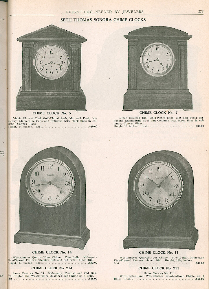 S. H. Clausin & Co. 1917 Catalog > 273. Seth Thomas Sonora Chime Clocks, Chime Clock No. 5, 7, 14, 214, 11, 211.