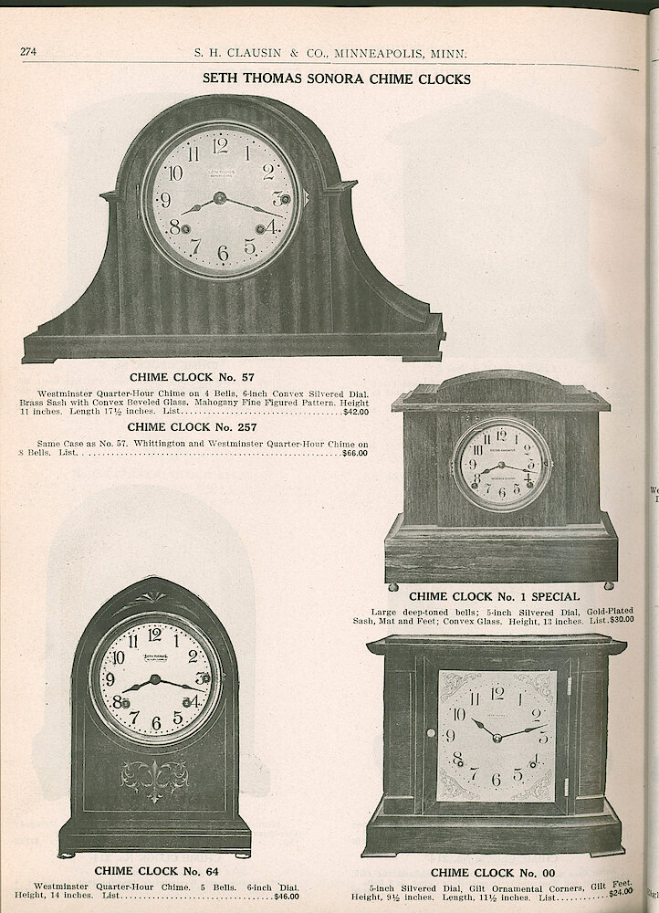 S. H. Clausin & Co. 1917 Catalog > 274. Seth Thomas Sonora Chime Clocks, Chime Clock No. 57, 257, 1 Special, 64, 00.