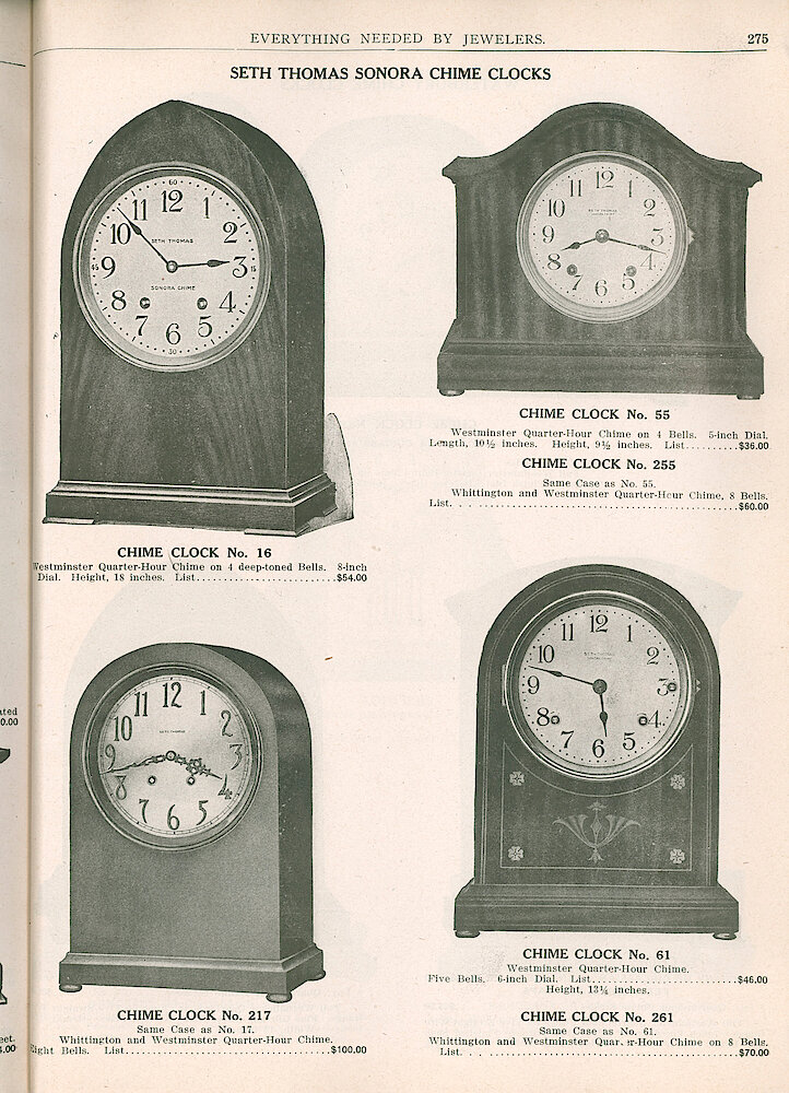 S. H. Clausin & Co. 1917 Catalog > 275. Seth Thomas Sonora Chime Clocks. Chime Clock No. 16, 55, 255, 217, 61, 261.