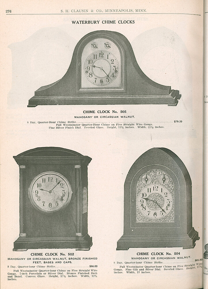 S. H. Clausin & Co. 1917 Catalog > 276. Waterbury Chime Clocks. Chime Clock No. 505, 502, 504.
