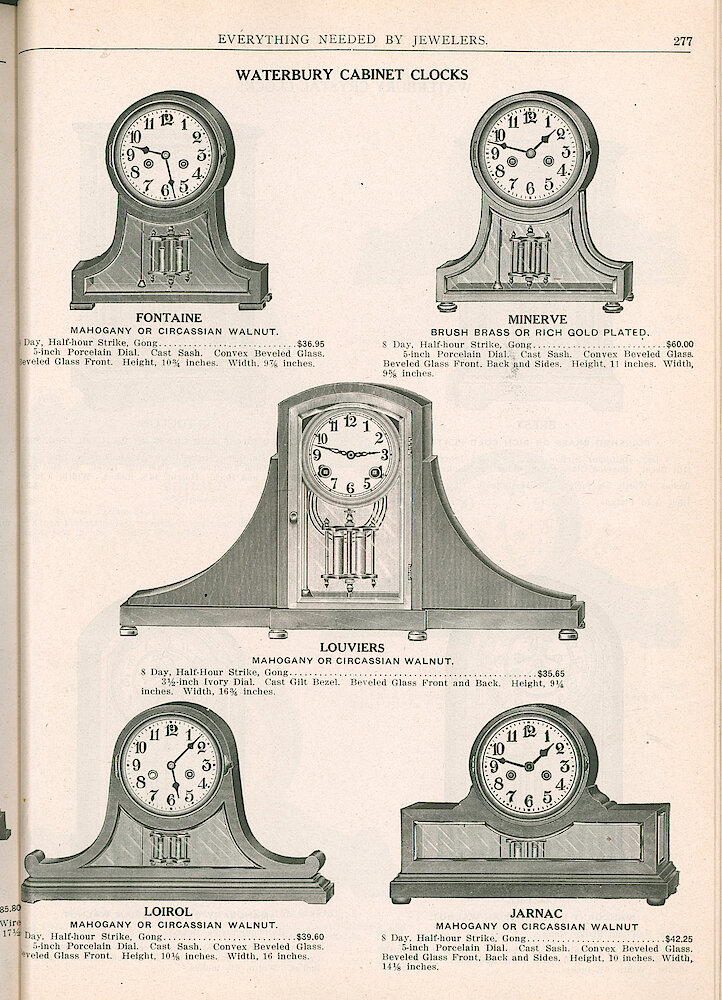 S. H. Clausin & Co. 1917 Catalog > 277. Waterbury Cabinet Clocks. Fontaine, Minerve, Louviers, Loirol, Jarnac.