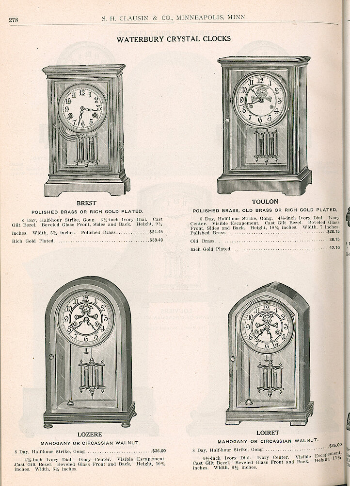 S. H. Clausin & Co. 1917 Catalog > 278. Waterbury Crystal Clocks (what We Call A Crystal Regulator Today). Brest, Toulon, Lozere, Loiret.