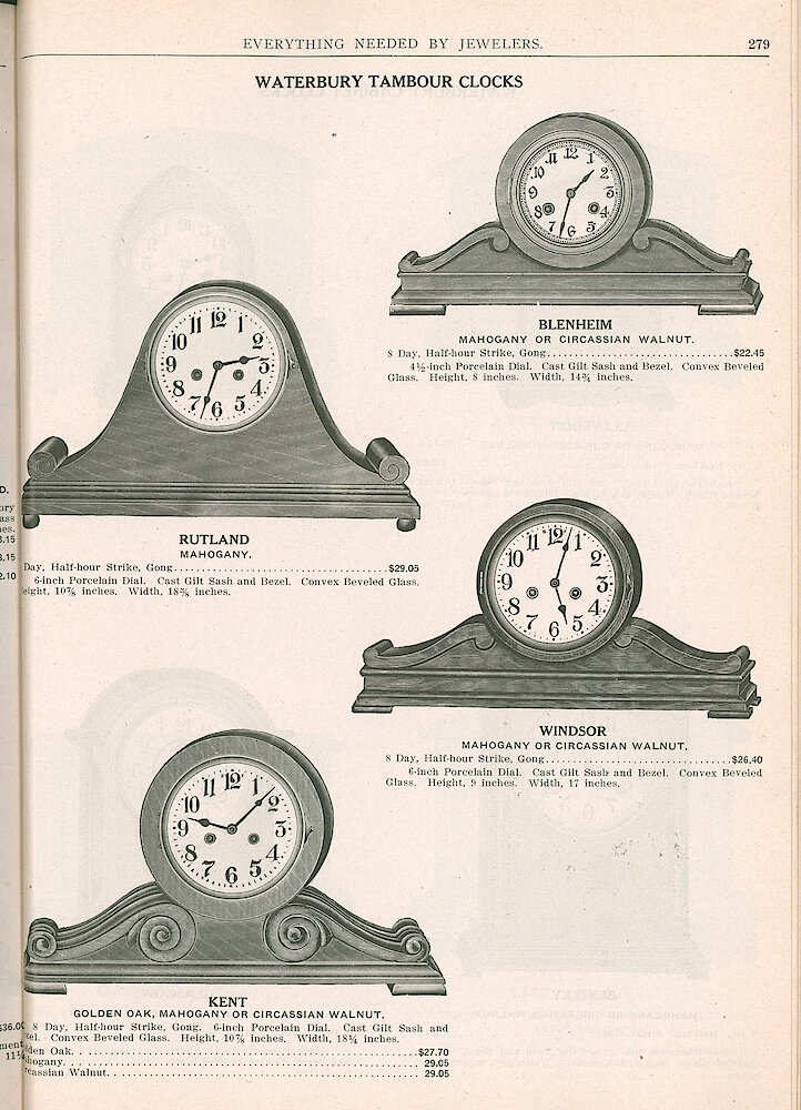S. H. Clausin & Co. 1917 Catalog > 279. Waterbury Tambour Clocks. Blenheim, Rutland, Windsor, Kent.