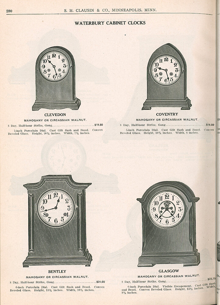 S. H. Clausin & Co. 1917 Catalog > 280. Waterbury Cabinet Clocks. Clevedon, Coventry, Bentley, Glascow.