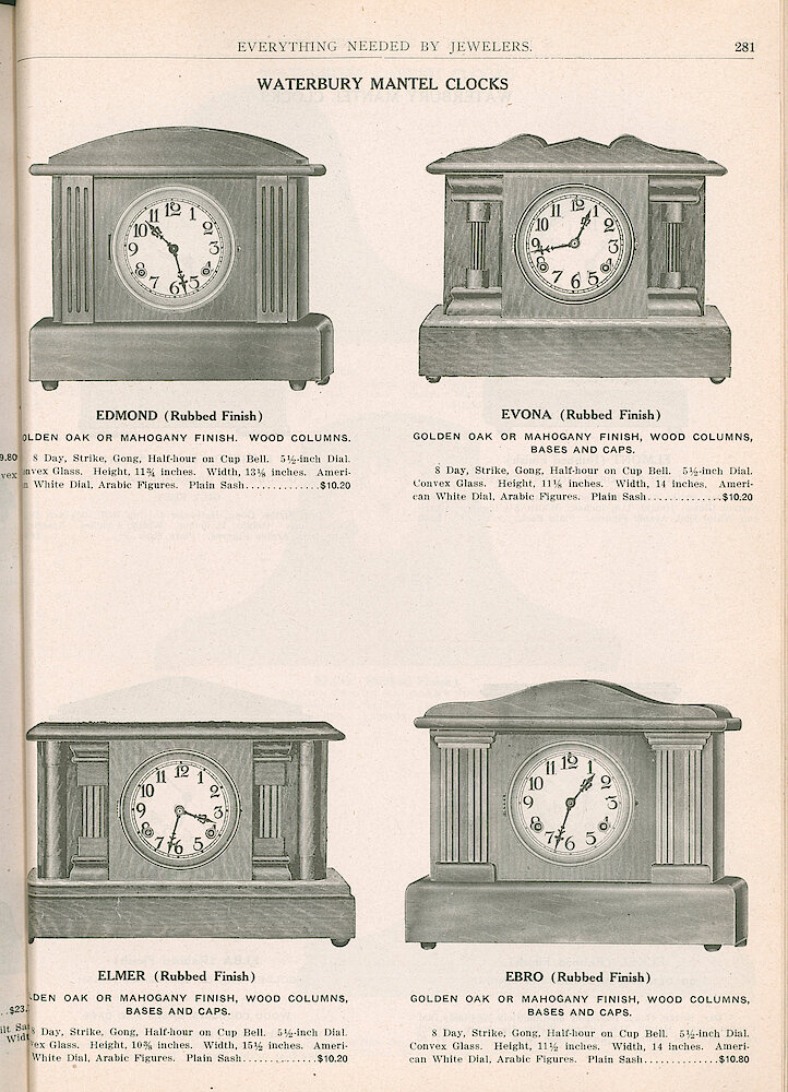 S. H. Clausin & Co. 1917 Catalog > 281. Waterbury Mantel Clocks. Edmond, Evona, Elmer, Ebro. (Post-black Mantel Clock Styles In Oak Or Mahogany, With Columns.