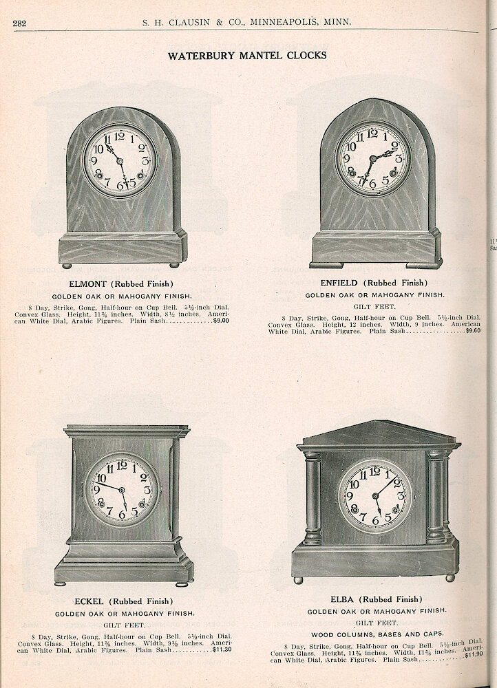 S. H. Clausin & Co. 1917 Catalog > 282. Waterbury Mantel Clocks. Round-top: Elmont, Enfield. Flat-top Eckel. Gable-top Elba.