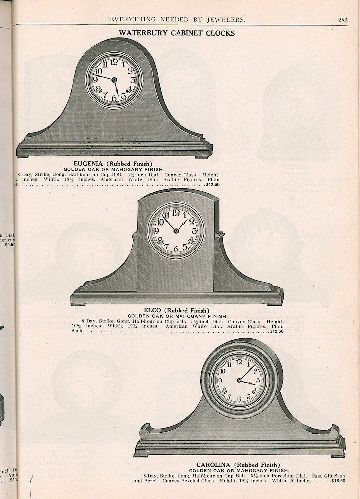 S. H. Clausin & Co. 1917 Catalog > 283. Waterbury Cabinet Clocks. Eugenia, Elco, Carolina.