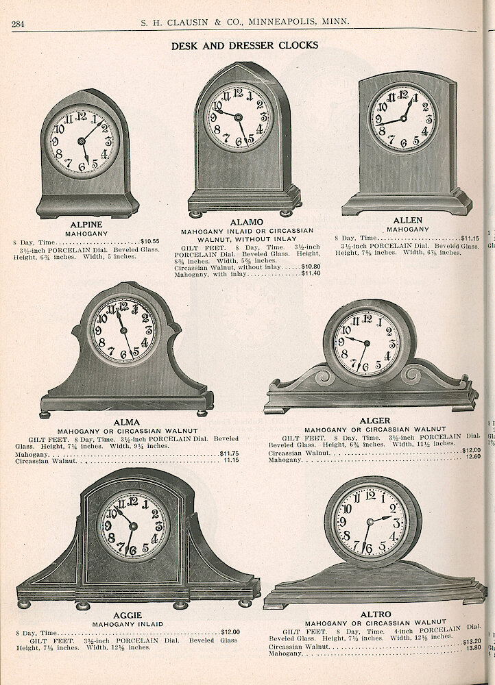 S. H. Clausin & Co. 1917 Catalog > 284. Desk And Dresser Clocks. 8-day Time-only. Maker Unspecified. Small Clocks With Balance Wheel Movements.