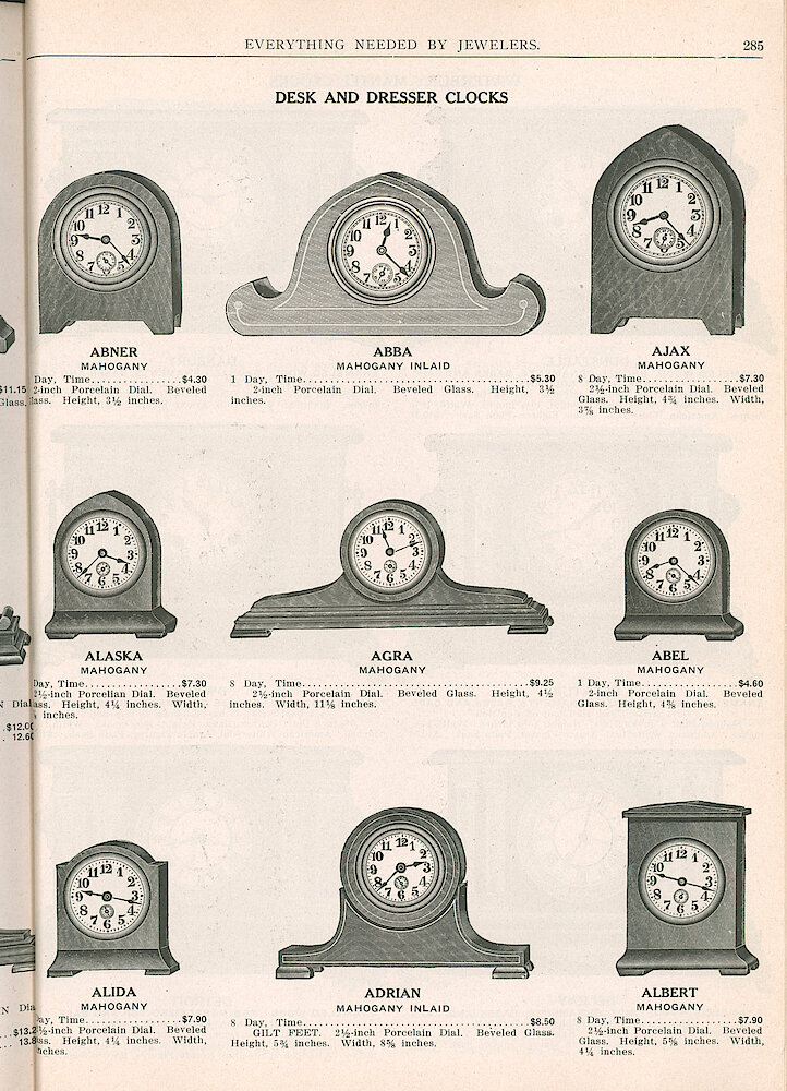 S. H. Clausin & Co. 1917 Catalog > 285. Desk And Dresser Clocks. 1-day And 8-day Time-only With Second Hand. Maker Unspecified. Small Clocks With Balance Wheel Movements.