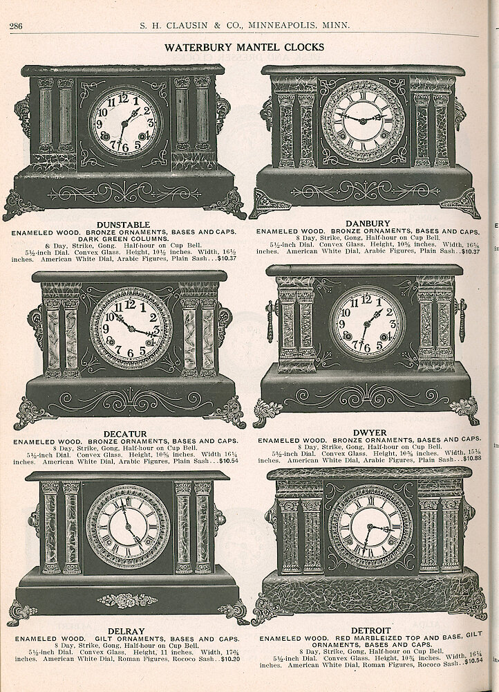 S. H. Clausin & Co. 1917 Catalog > 286. Waterbury Black Mantel Clocks. Dunstable, Danbury, Decatur, Dwyer, Delray, Detroit.
