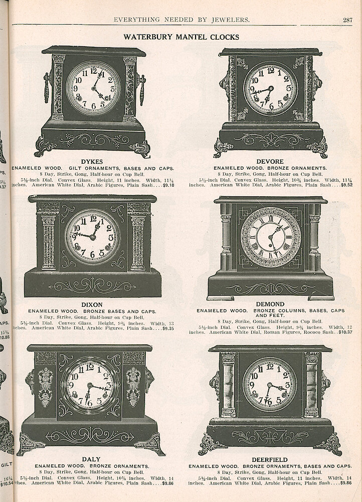 S. H. Clausin & Co. 1917 Catalog > 287. Waterbury Black Mantel Clocks. Dykes, Devore, Dixon, Demond, Daly, Deerfield.