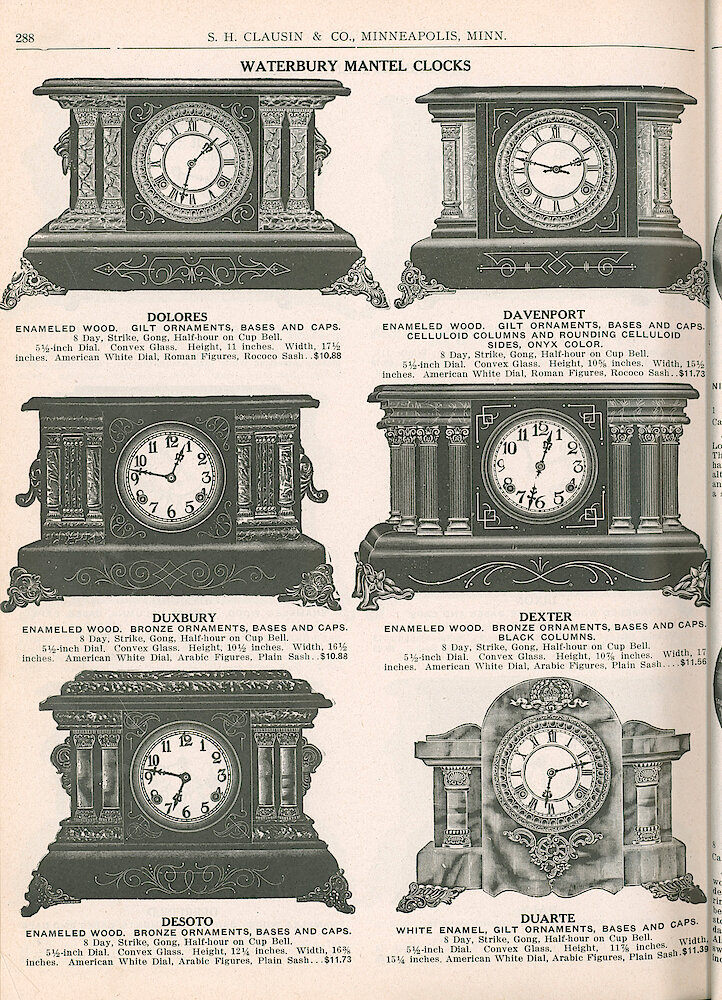 S. H. Clausin & Co. 1917 Catalog > 288. Waterbury Black Mantel Clocks. Dolores, Davenport, Duxbury, Dexter, Desoto, Durate (white Enamel).