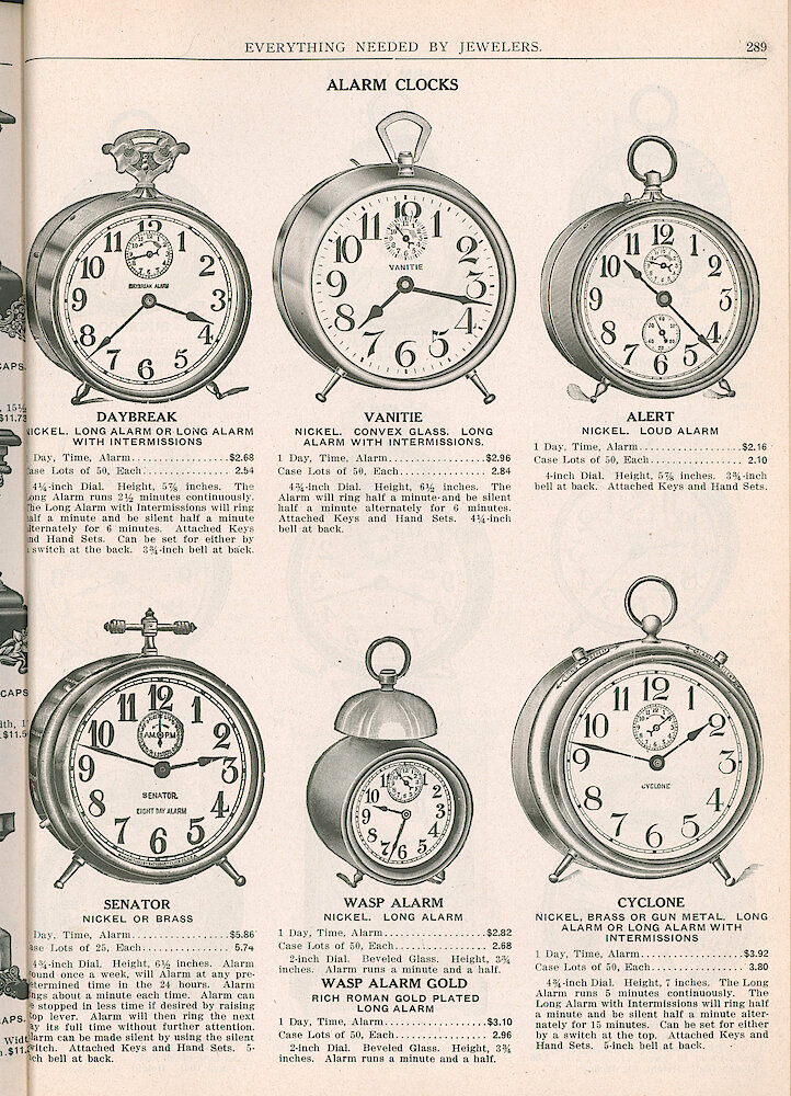 S. H. Clausin & Co. 1917 Catalog > 289. Waterbury Alarm Clocks. Daybreak, Vanite, Alert, Senator, Wasp Alarm, Wasp Alarm Gold, Cyclone.