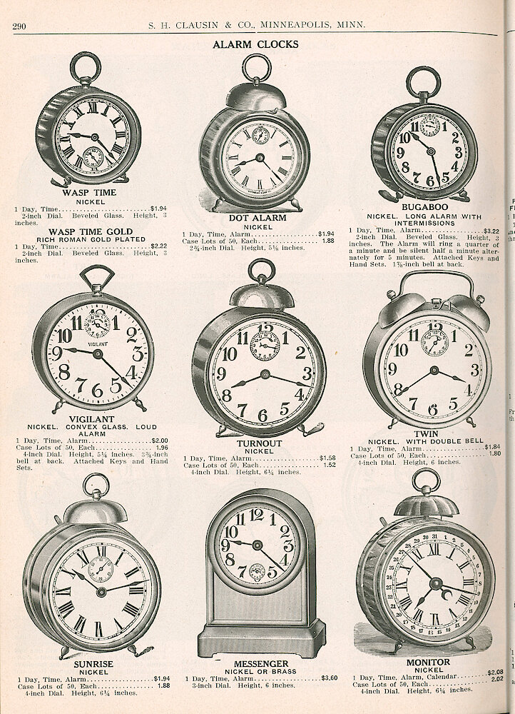 S. H. Clausin & Co. 1917 Catalog > 290. Waterbury Alarm Clocks. Wasp Time, Wasp Time Gold, Dot Alarm, Bugaboo, Vigilant, Turnout, Twin, Sunrise, Messenger, Monitor.