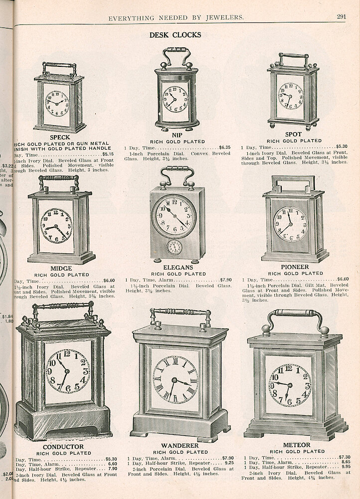 S. H. Clausin & Co. 1917 Catalog > 291. Waterbury Desk (Carriage) Clocks. Speck, Nip, Spot, Midge, Elegans, Pioneer, Conductor, Wanderer, Meteor.