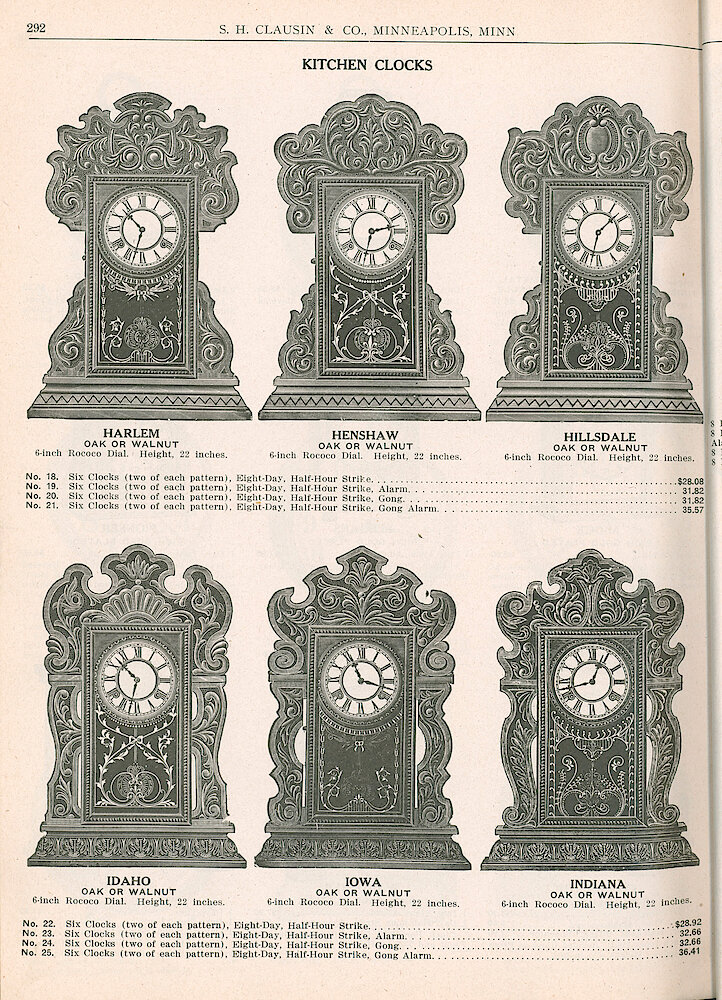 S. H. Clausin & Co. 1917 Catalog > 292. Waterbury Kitchen Clocks, Oak Or Walnut. Harlem, Henshaw, Hillsdale, Idaho, Iowa, Indiana.