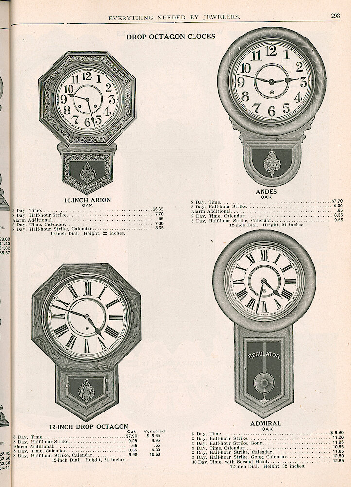 S. H. Clausin & Co. 1917 Catalog > 293. Waterbury Drop Octagon Clocks. 10-inch Arion, Andes (round Drop), 12-inch Drop Octagon, Admiral (long Drop).