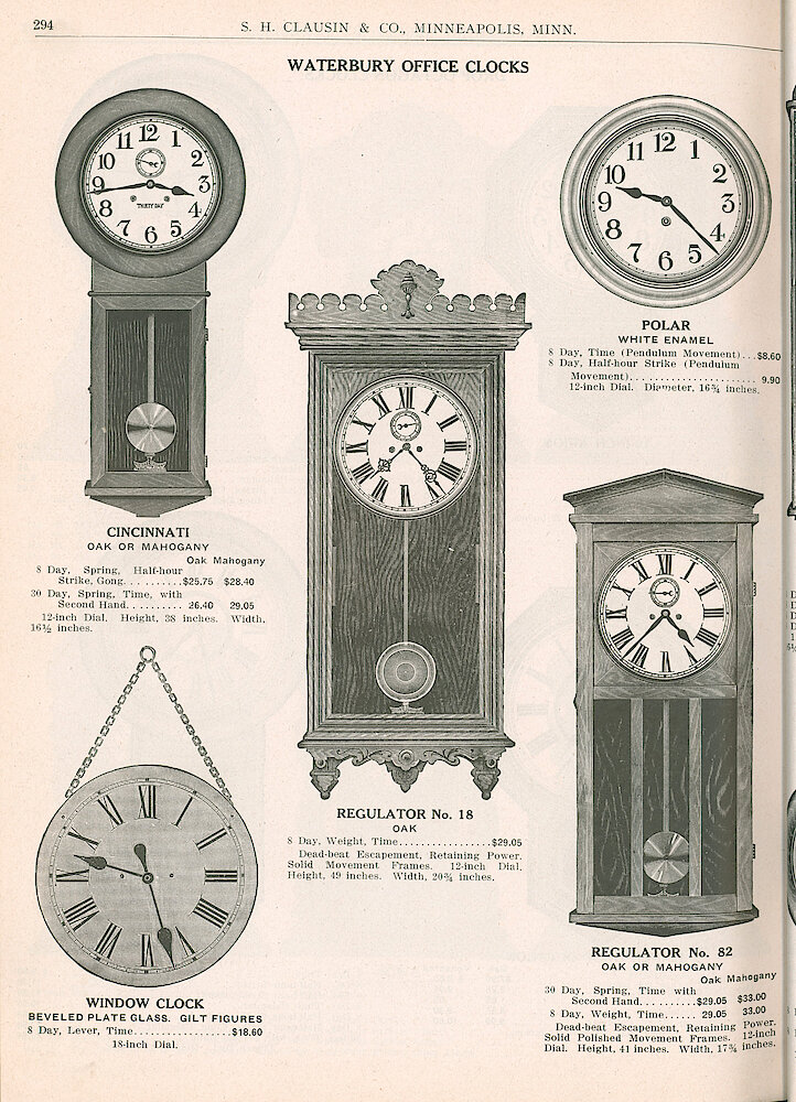 S. H. Clausin & Co. 1917 Catalog > 294. Waterbury Office Clocks Cincinnati, Polar, Regulator No. 18, Regulator No. 82, Window Clock (plate Glass).