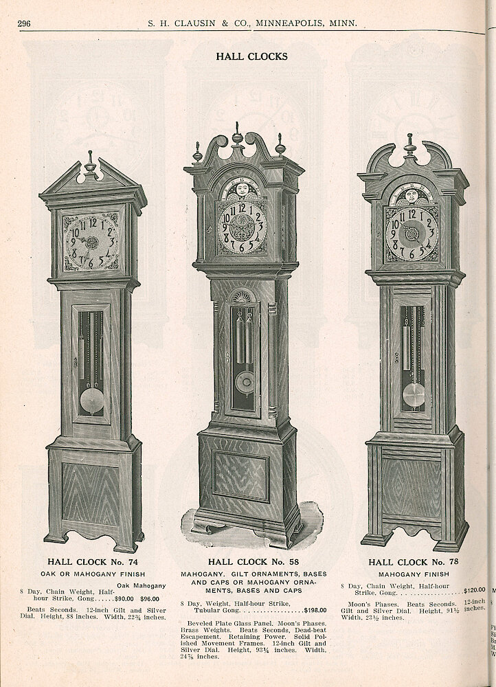 S. H. Clausin & Co. 1917 Catalog > 296. Waterbury Hall Clocks No. 74, No. 58, No. 78.
