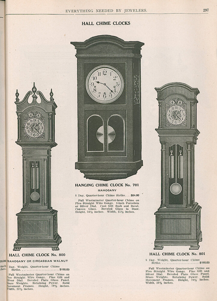 S. H. Clausin & Co. 1917 Catalog > 297. Waterbury Hall Chime Clocks No. 800 And No. 801. Hanging Chime Clock No. 701.