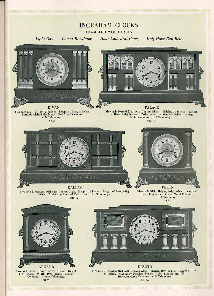 S. H. Clausin & Co. 1917 Catalog > 298-1-Ingraham-1. Ingraham Enameled Wood Mantel Clocks (Black Mantel) Divan, Palace, Dallas, Pekin, Argand, Desoto.