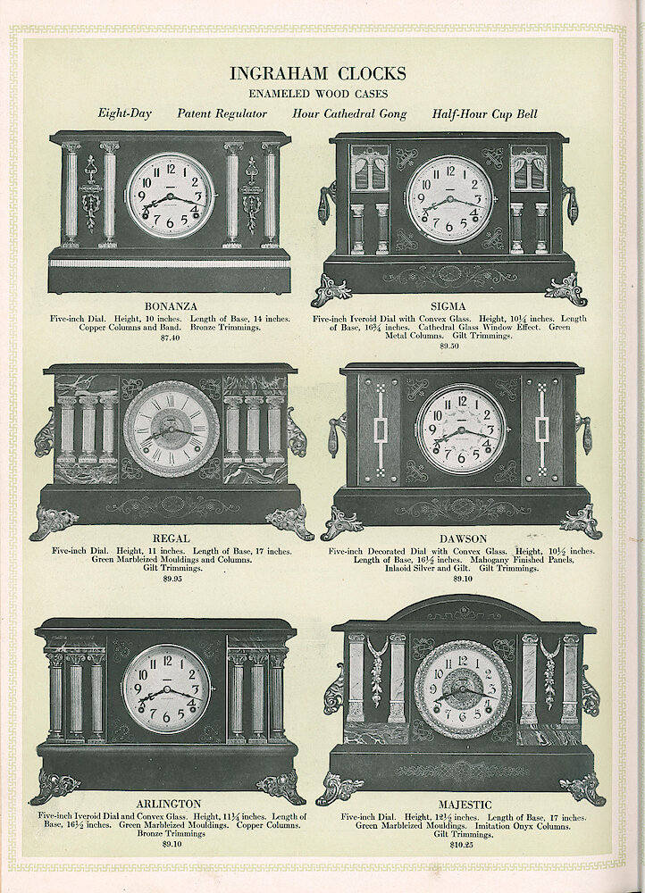 S. H. Clausin & Co. 1917 Catalog > 298-1-Ingraham-2. Ingraham Enameled Wood Mantel Clocks (Black Mantel) Bonanza, Sigma, Regal, Dawson, Arlington, Majestic.