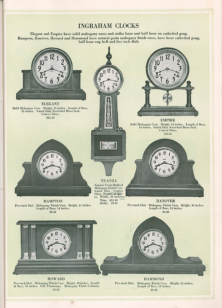 S. H. Clausin & Co. 1917 Catalog > 298-1-Ingraham-3. Ingraham Mantel Clocks Elegant, Empire, Hampton, Hanover, Howard, Hammond. Hanging (Banjo) Nyanza.
