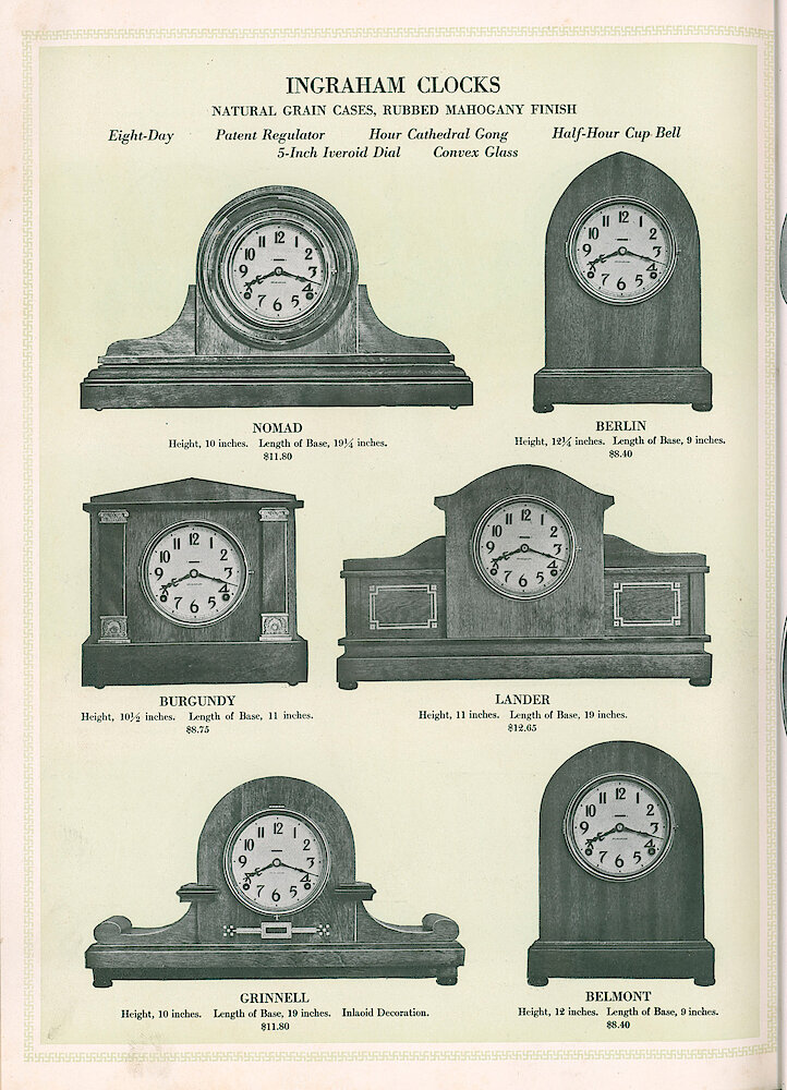 S. H. Clausin & Co. 1917 Catalog > 298-1-Ingraham-4. Ingraham Mantel Clocks Nomad, Berlin, Burgundy, Lander, Grinnell, Belmont.