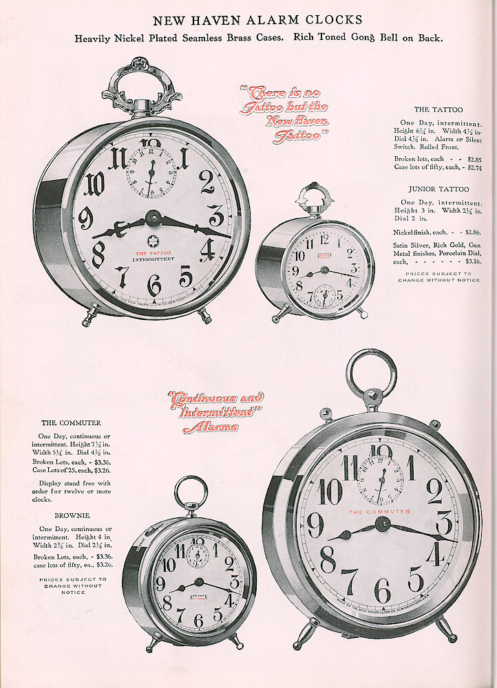 S. H. Clausin & Co. 1917 Catalog > 298-2-New-Haven-2. New Haven Alarm Clocks The Tattoo, Junior Tattoo, The Commuter, Brownie.