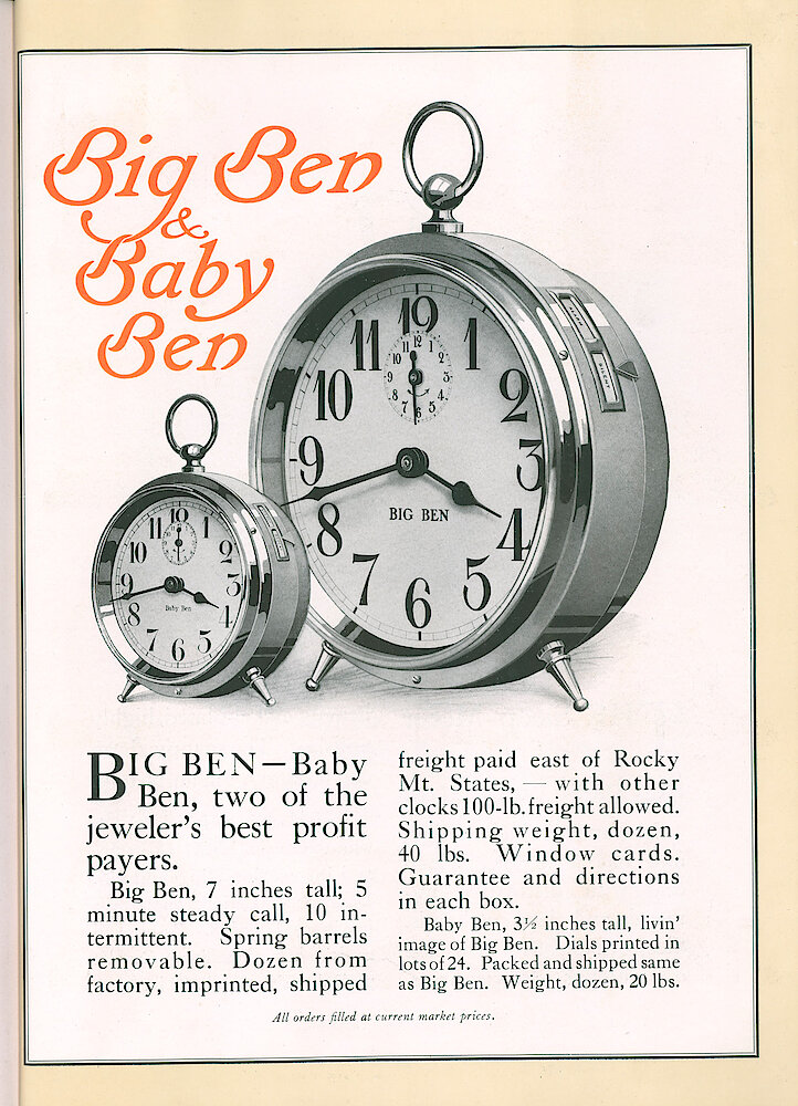 S. H. Clausin & Co. 1917 Catalog > 298-3-Westclox-1. Westclox Big Ben And Baby Ben Style 1 Alarm Clocks.