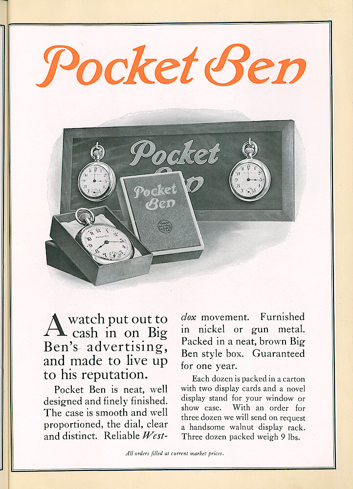 S. H. Clausin & Co. 1917 Catalog > 298-3-Westclox-3. Westclox Pocket Ben Pocket Watch Style 1