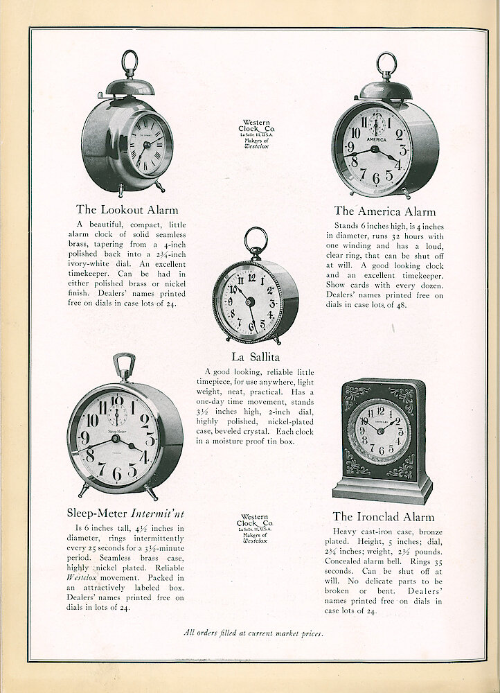 S. H. Clausin & Co. 1917 Catalog > 298-3-Westclox-4. Westclox Alarm Clocks The Lookout, America, Sleep-Meter Intermittent, Ironclad. La Sallita Time-only Clock.