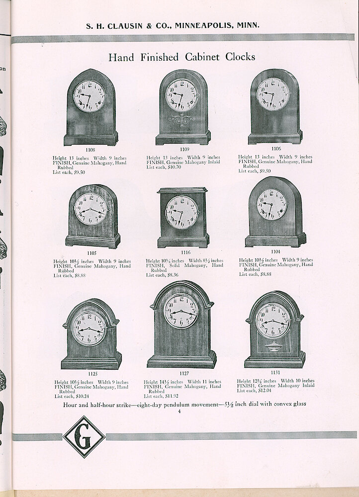 S. H. Clausin & Co. 1917 Catalog > 298-4-Gilbert-3. Gilbert Hand Finished Cabinet Clocks. Round-top, Arch-top And Beehive-top. 1108, 1109, 1106, 1105, 1116, 1104, 1125, 1127, 1131.