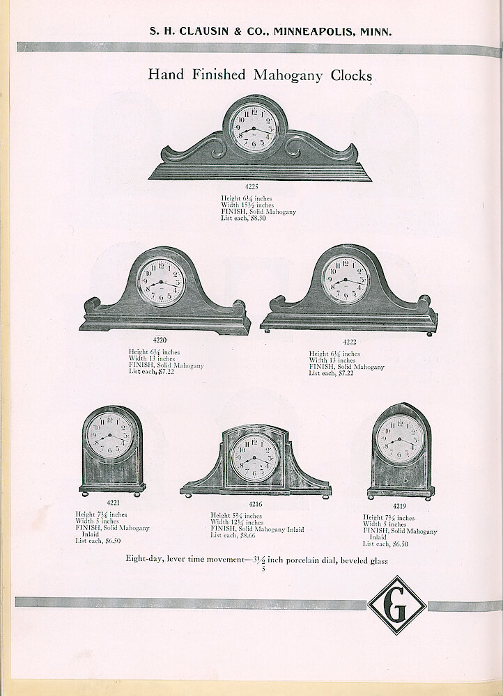 S. H. Clausin & Co. 1917 Catalog > 298-4-Gilbert-4. Gilbert Hand Finished Mahogany Clocks. Tambours, Round And Beehive Top Models 4225, 4220, 4222, 4221, 4216, 4219.