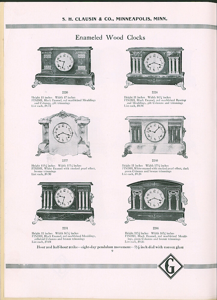 S. H. Clausin & Co. 1917 Catalog > 298-4-Gilbert-6. Gilbert Enameled Wood Clocks. Black Mantel 2220, 2224, 2231, 2286; White Mantel 2277, 2290.