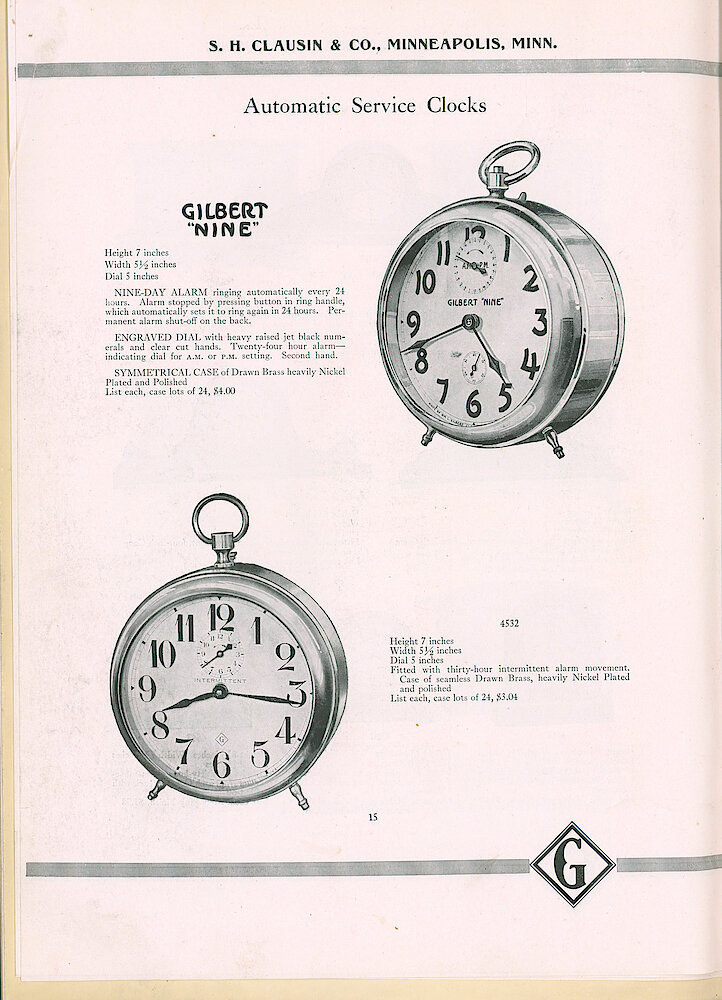 S. H. Clausin & Co. 1917 Catalog > 298-4-Gilbert-8. Gilbert Automatic Service Clocks. Gilbert "Nine" Nine-day Alarm; 4532 One-day Intermittent Alarm.