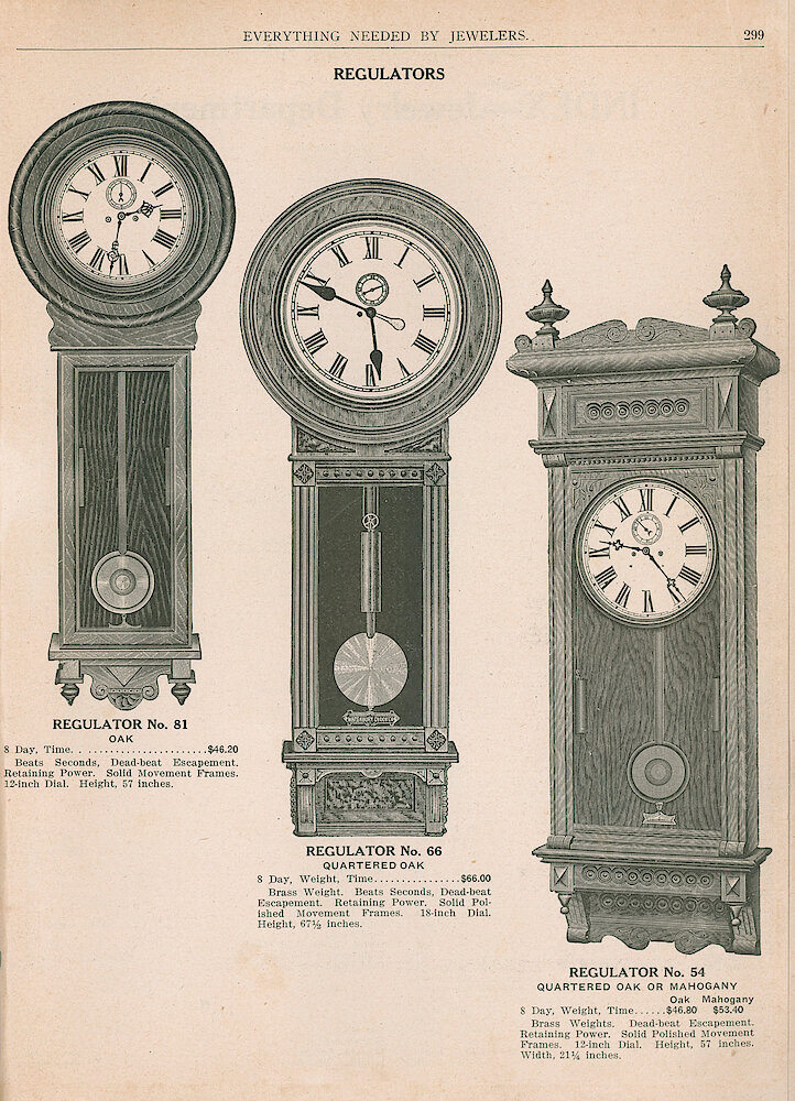 S. H. Clausin & Co. 1917 Catalog > 299. Waterbury Hanging Regulators No. 81, No. 66, No. 54.
