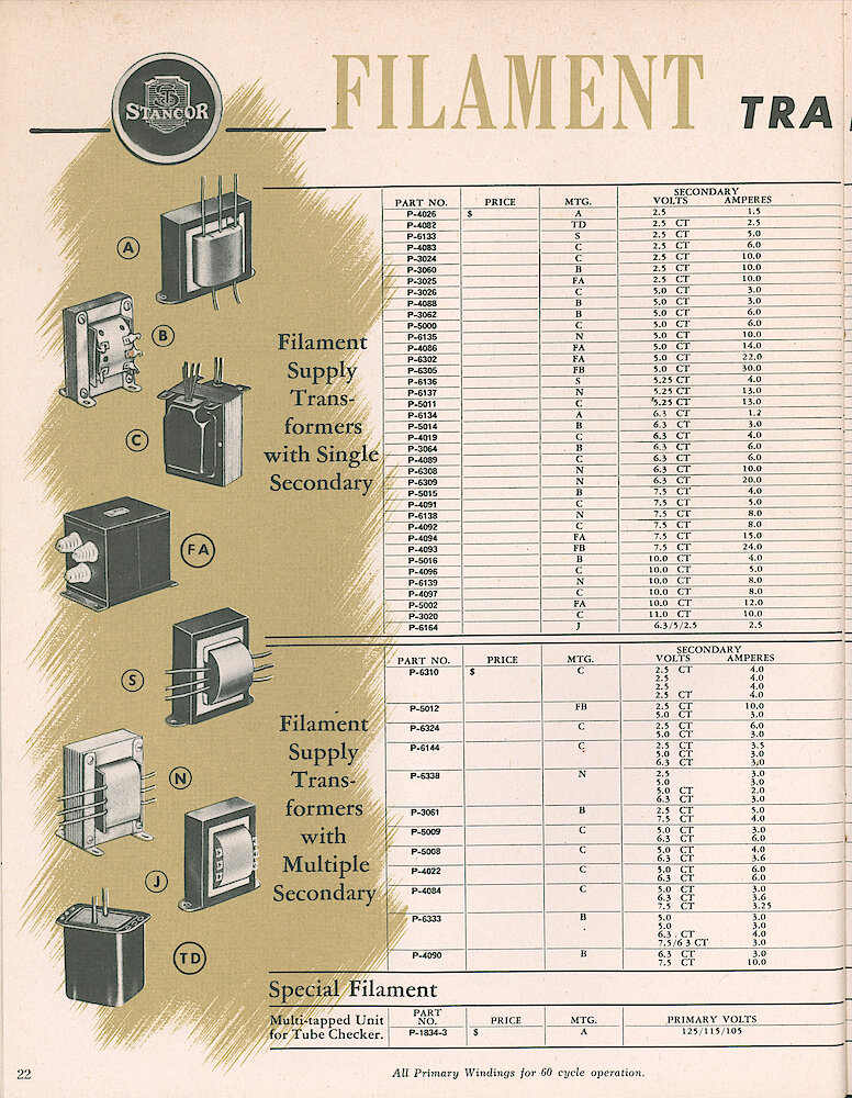 Stancor Transformers and Reactors 1946 Catalog > 22. Filament Transformers