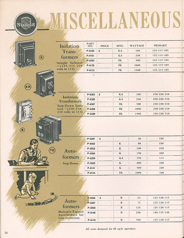 Stancor Transformers and Reactors 1946 Catalog > 24. Miscellaneous Transformers: Isolation Transformers, Auto-transformers