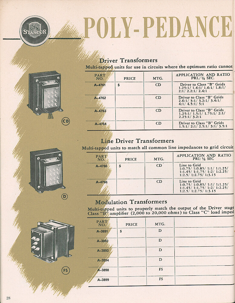Stancor Transformers and Reactors 1946 Catalog > 28. Poly-Pedance Transformers: Driver, Line Driver And Modulation