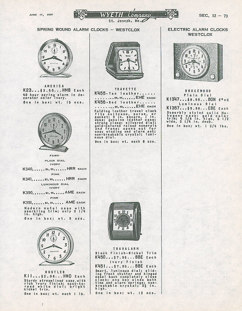 Wyeth Company Catalog Pages 1959 > 12-73. Westclox America Style 6, Fawn Style 1, Hustler Style 2, Travette, Travalarm, Brucewood.