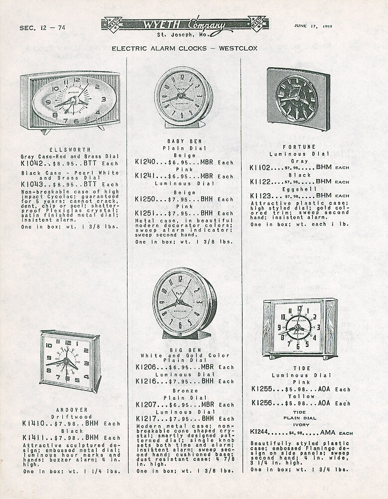 Wyeth Company Catalog Pages 1959 > 12-74. Westclox Electric Alarm Clocks Ellsworth, Andover, Baby Ben Electric Style 7, Big Ben Electric Style 7, Fortune, Tide.