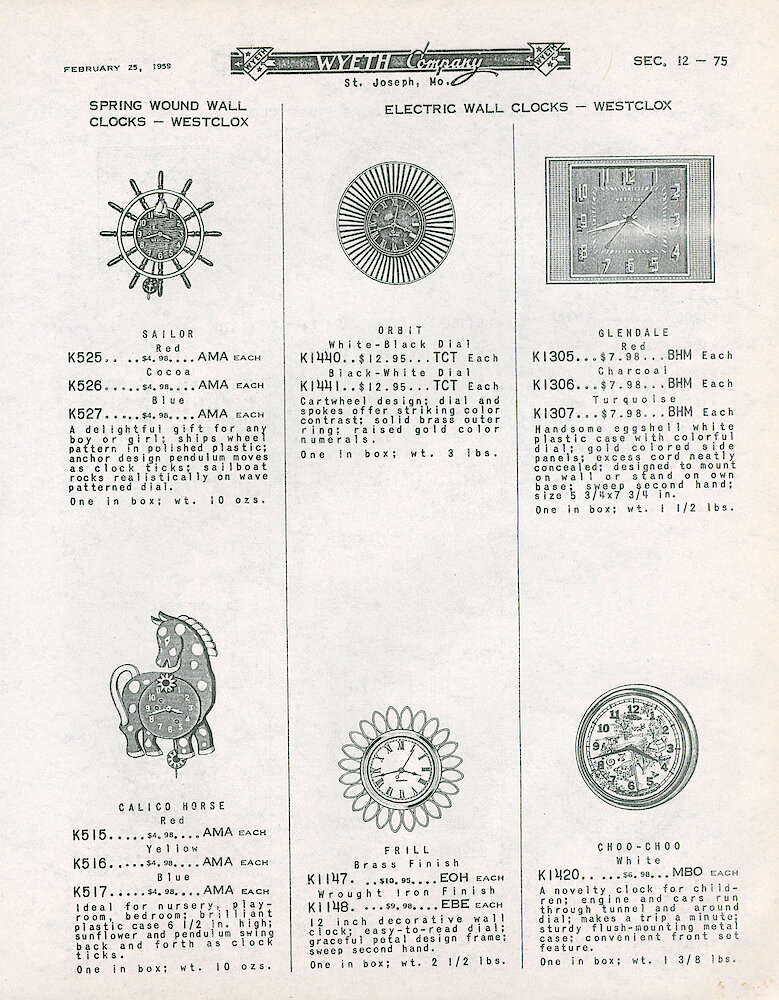 Wyeth Company Catalog Pages 1959 > 12-75. Westclox Wall Clocks Sailor, Calico Horse, Orbit, Frill, Glendale, Choo-Choo.