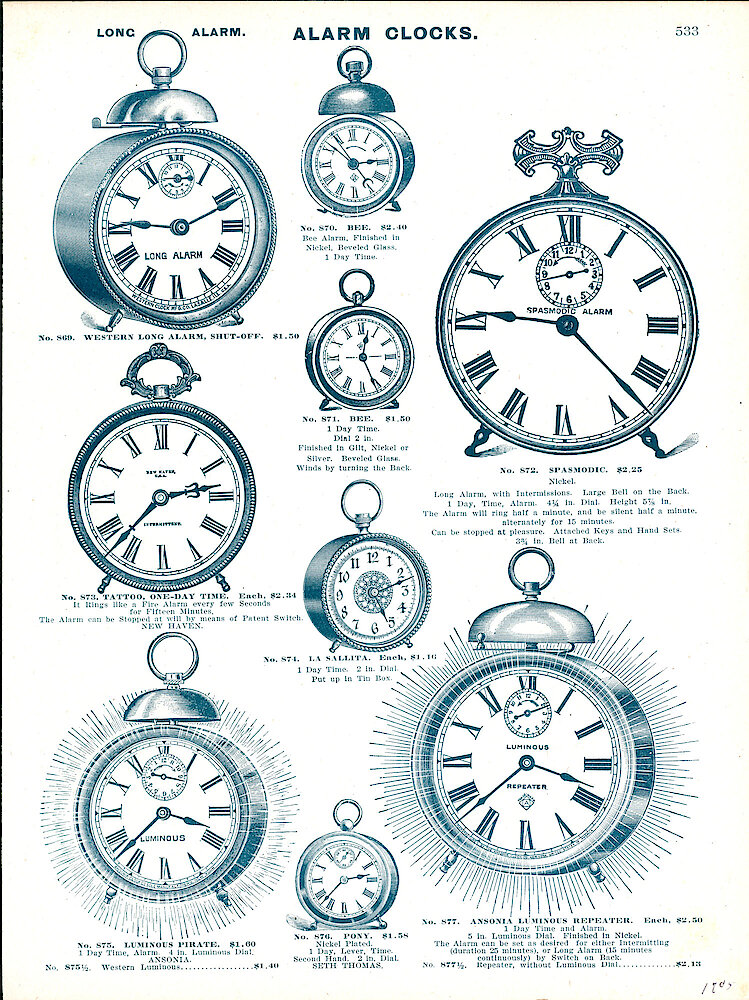 1905 Catalog - Alarm Clock Pages > 533. Westclox Long Alarm, La Sallita; New Haven Tatto; Ansonia Luminous Pirate, Luminous Repeater, Bee Time, Bee Alarm, Seth Thomas Pony; Waterbury Spasmodic.
