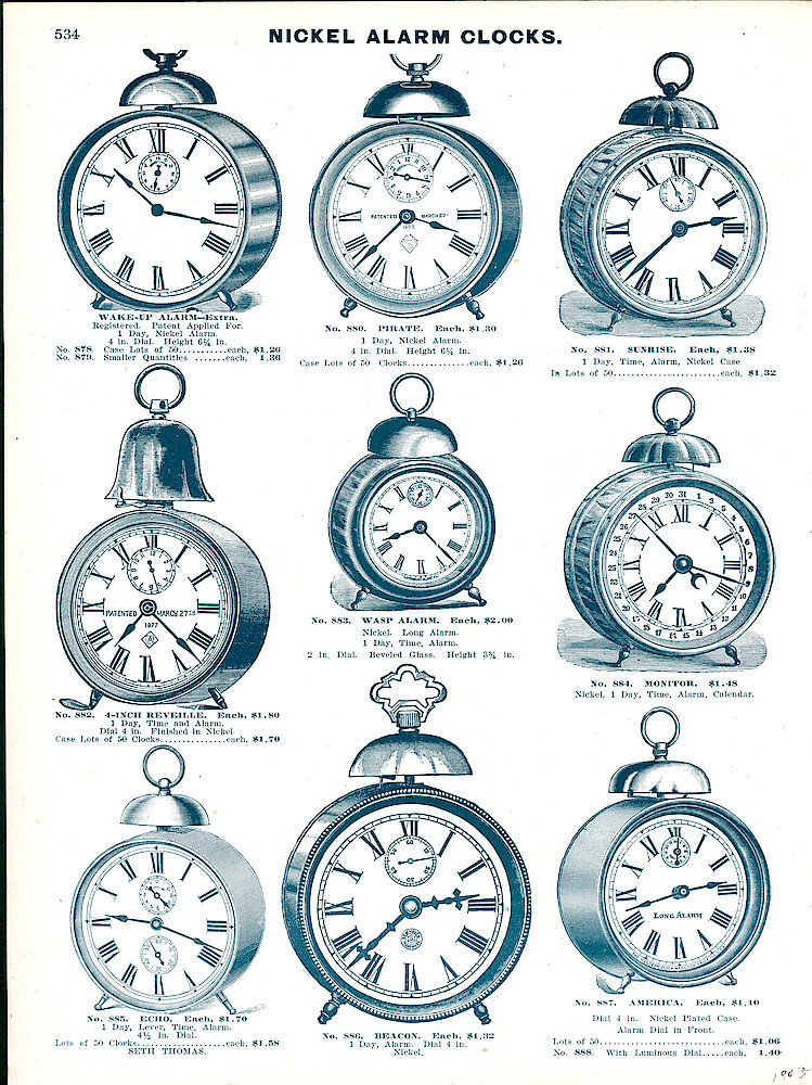 1905 Catalog - Alarm Clock Pages > 534. Alarm Clocks: Ansonia Pirate, 4-Inch Reveille, Waterbury Sunrise, Monitor, Wasp Alarm; New Haven Beacon; Seth Thomas Echo; Westclox America (but Picture Is Long Alarm); Wake-up Alarm.