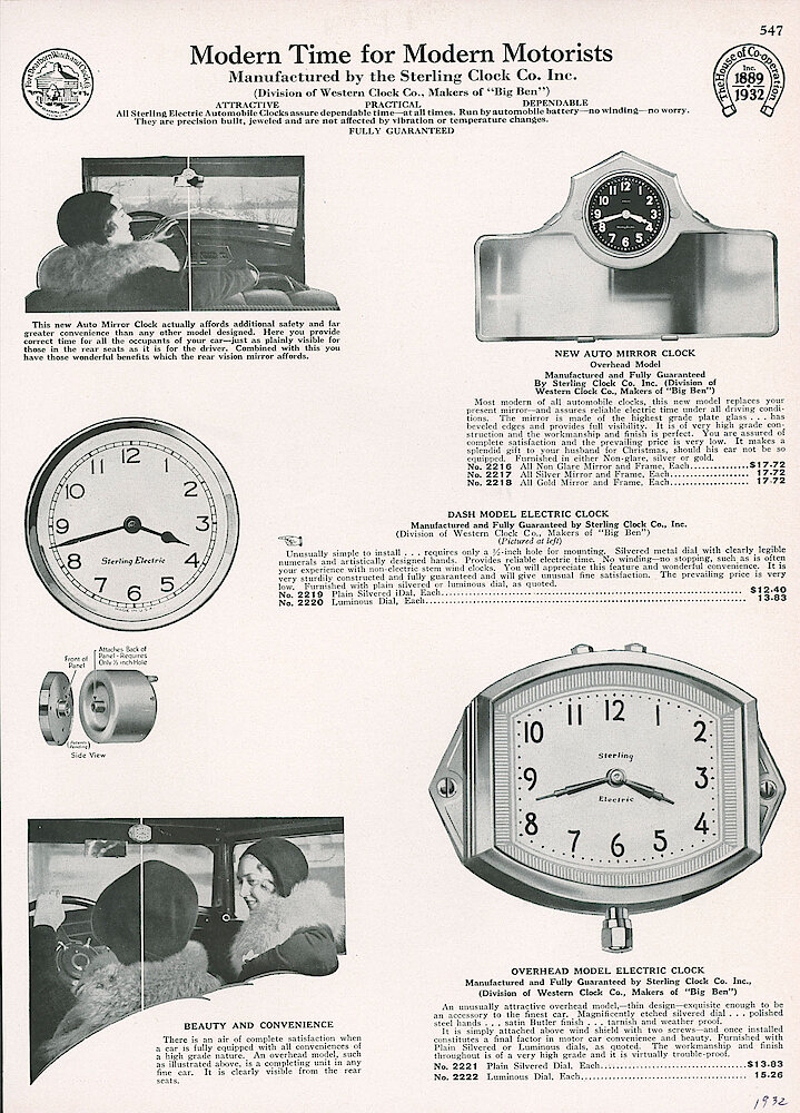 Fort Dearborn 1932 Catalog > 547. Automobile Clocks By Sterling Electric Clock Co., Inc. (Division Of Western Clock Co., Makers Of "Big Ben"). New Auto Mirror Clock, Dash Model Electric Clock (easy To Install–requires Only A 1/2 Inch Mounting Hole), Overhead Model Electric Clock.