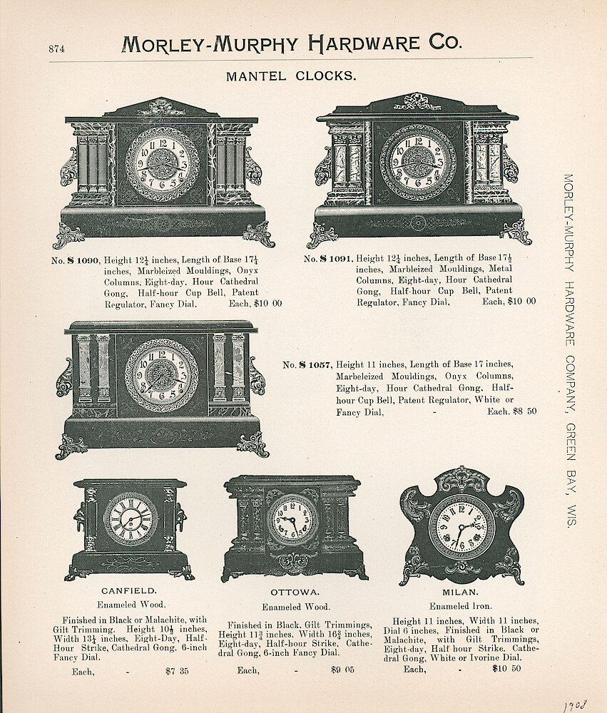 Morley-Murphy Hardware 1908 Catalog > 874. New Haven Black Mantel Clocks Canfield, Ottowa And Milan. Three Other Black Mantel Clocks (S 1909, S 1091 And S 1057) That May Be By New Haven Or Another Maker.